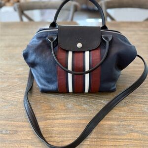 Longchamp Le Pliage Cuir Raye Stripe Navy Lambskin Crossbody Bag